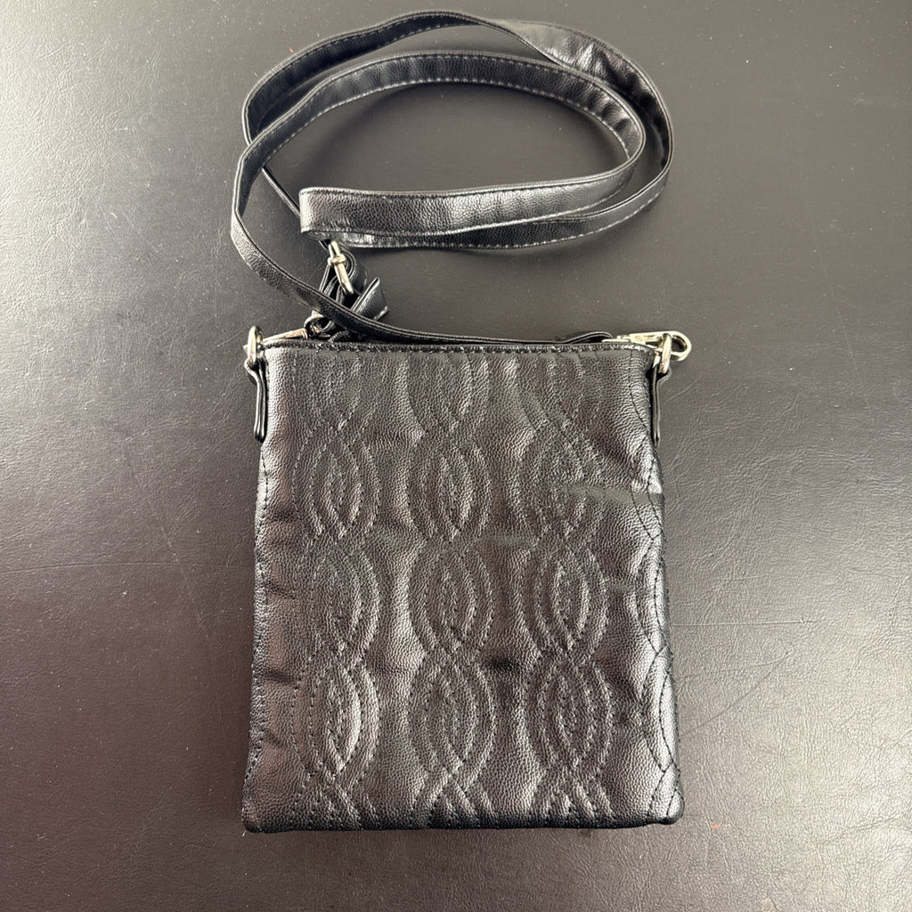 Bella Russo black quilted faux leather crossbody bag with silver-tone heart zipper pull.