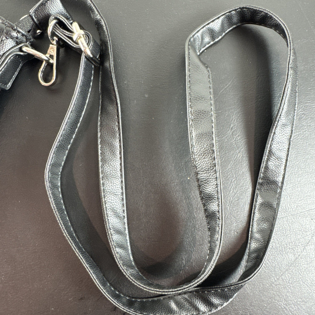 Bella Russo black quilted faux leather crossbody bag with silver-tone heart zipper pull.