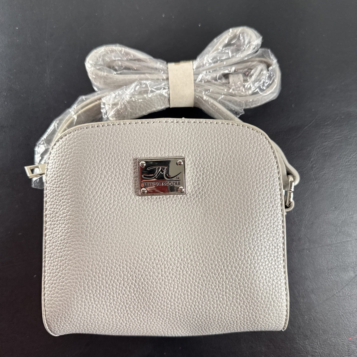 Jessica Moore light gray pebbled faux leather small crossbody bag with silver hardware