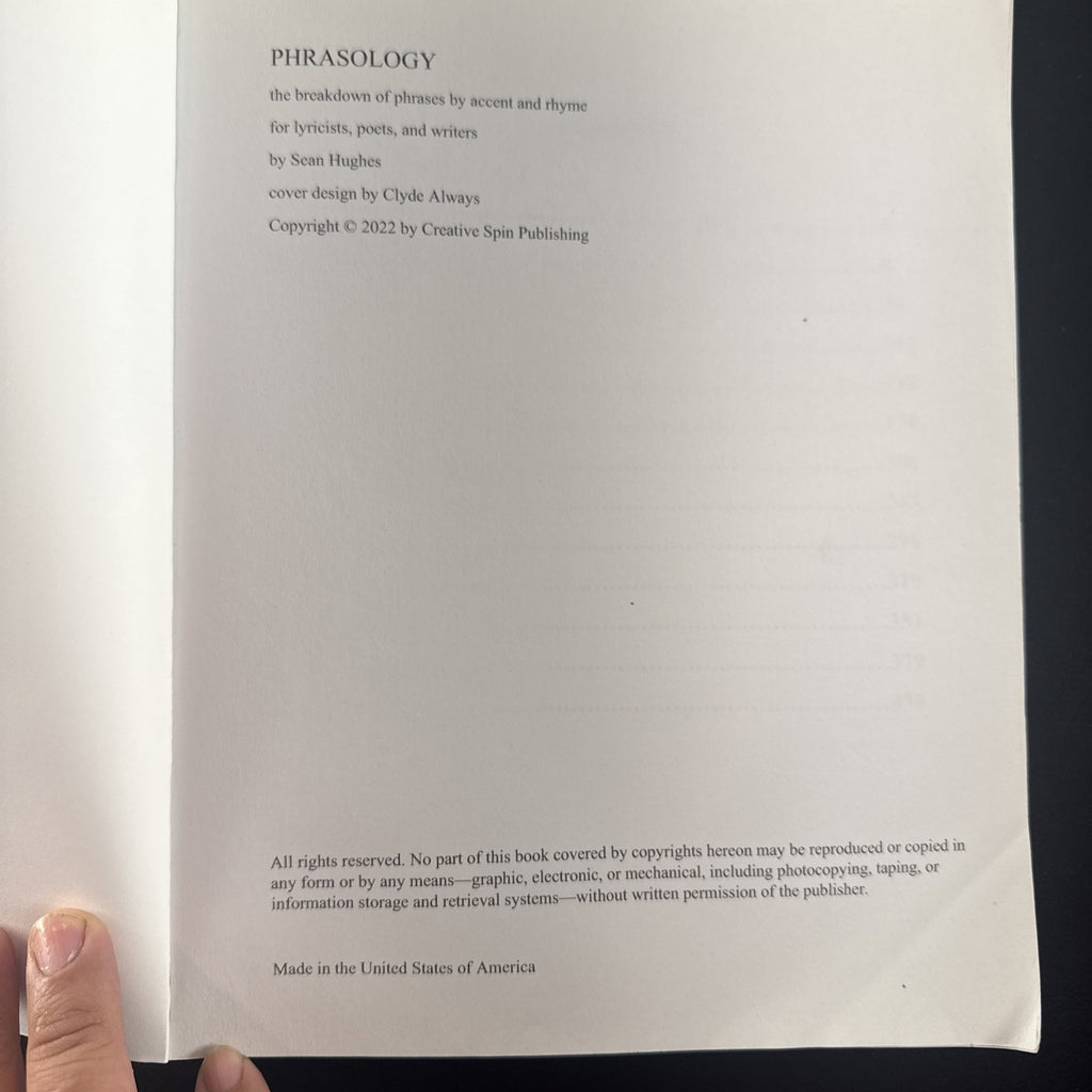 Front cover of Phrasology: The Breakdown of Phrases by Accent And Rhyme paperback book by Sean Hughes.