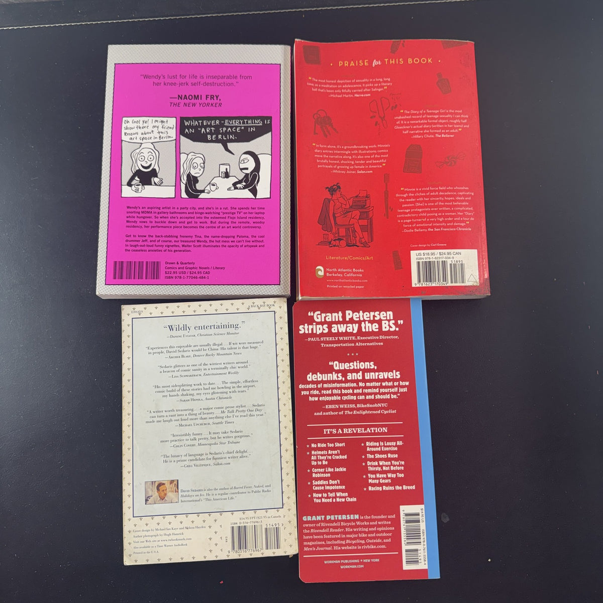 Set of four alternative paperback books including Me Talk Pretty One Day and The Diary of a Teenage Girl.