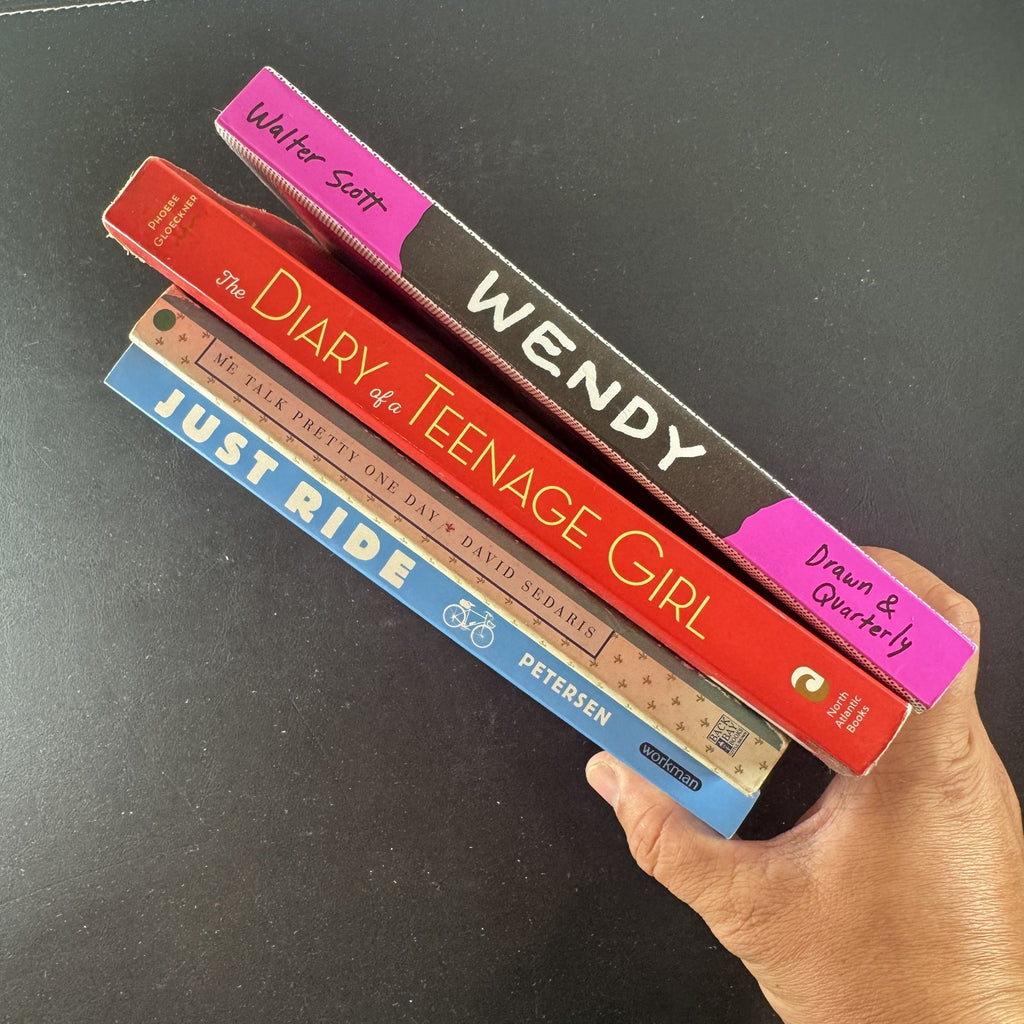 Set of four alternative paperback books including Me Talk Pretty One Day and The Diary of a Teenage Girl.
