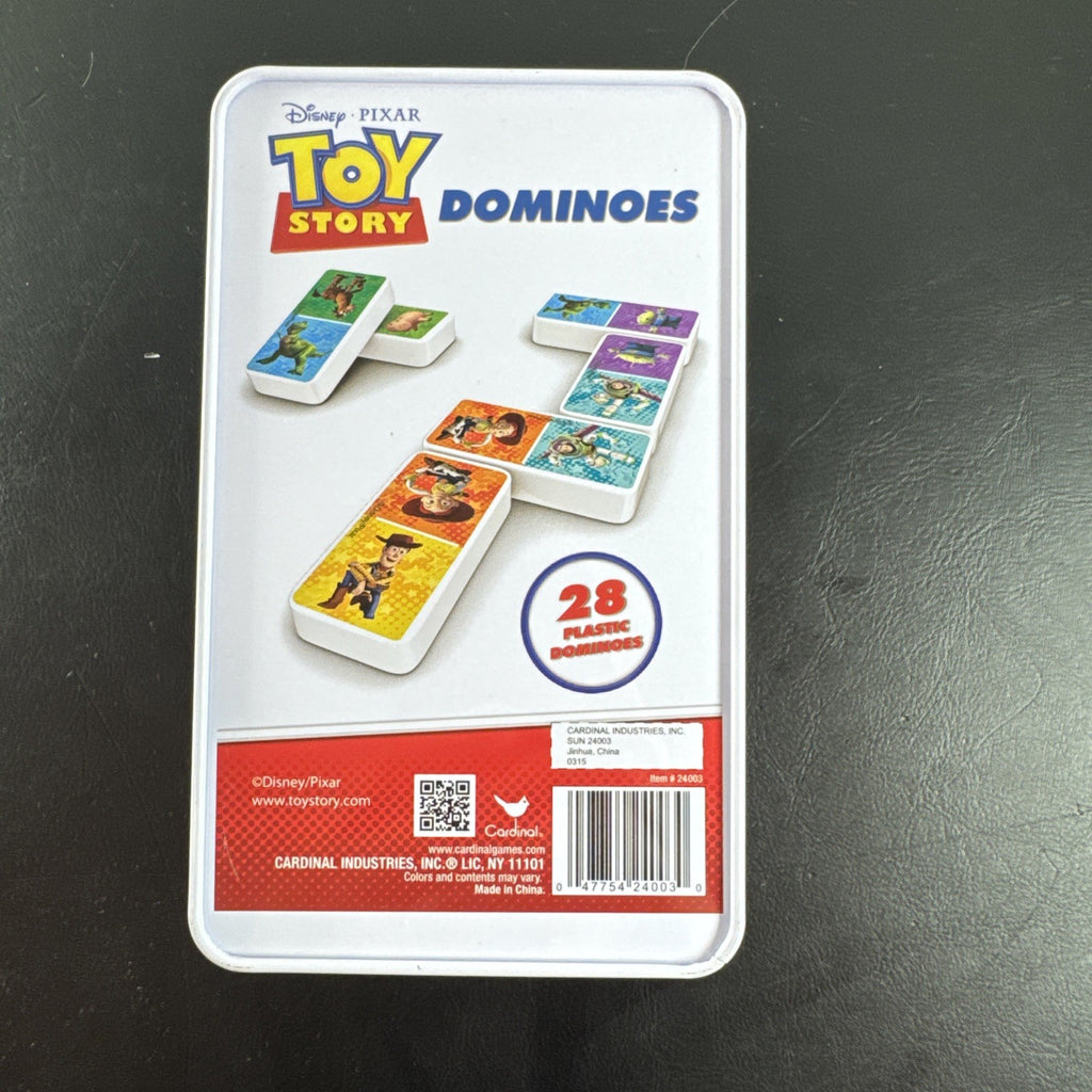 Disney Pixar Toy Story 28-piece plastic dominoes game with Woody, Buzz, and original metal collector tin.