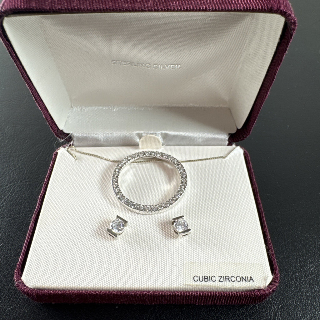 925 sterling silver open circle CZ pendant necklace and matching solitaire stud earrings set