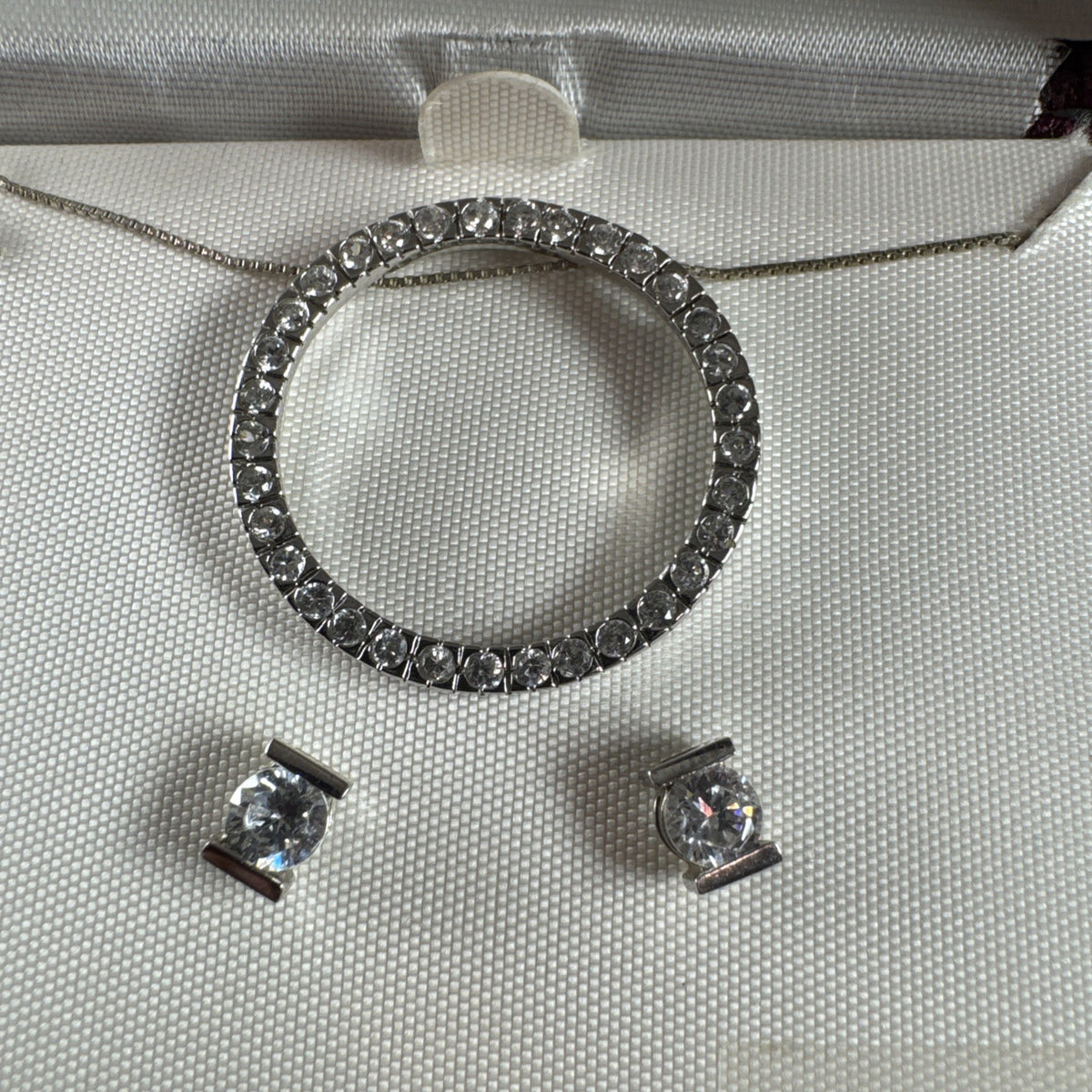 925 sterling silver open circle CZ pendant necklace and matching solitaire stud earrings set