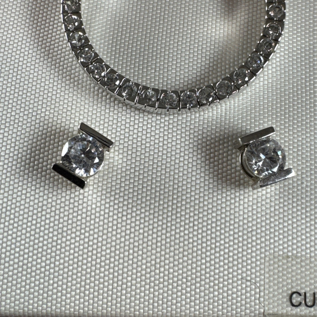 925 sterling silver open circle CZ pendant necklace and matching solitaire stud earrings set