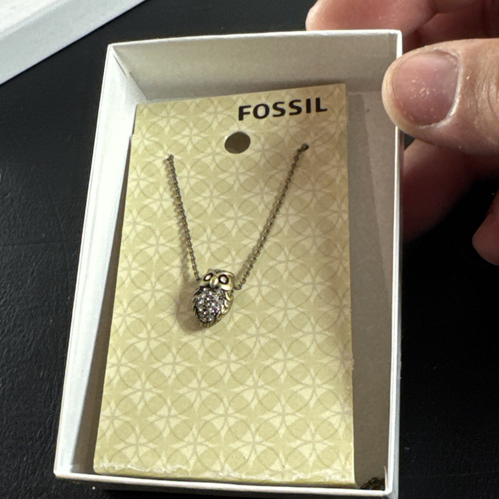 Fossil silver-tone sculpted owl pendant necklace accented with clear pavé rhinestones on a delicate cable chain.