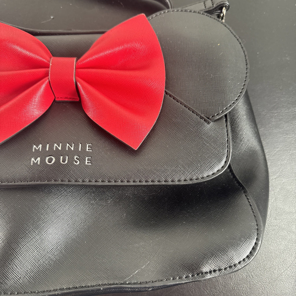 Disney Loungefly Minnie Mouse black faux leather crossbody bag with 3D ears and red bow