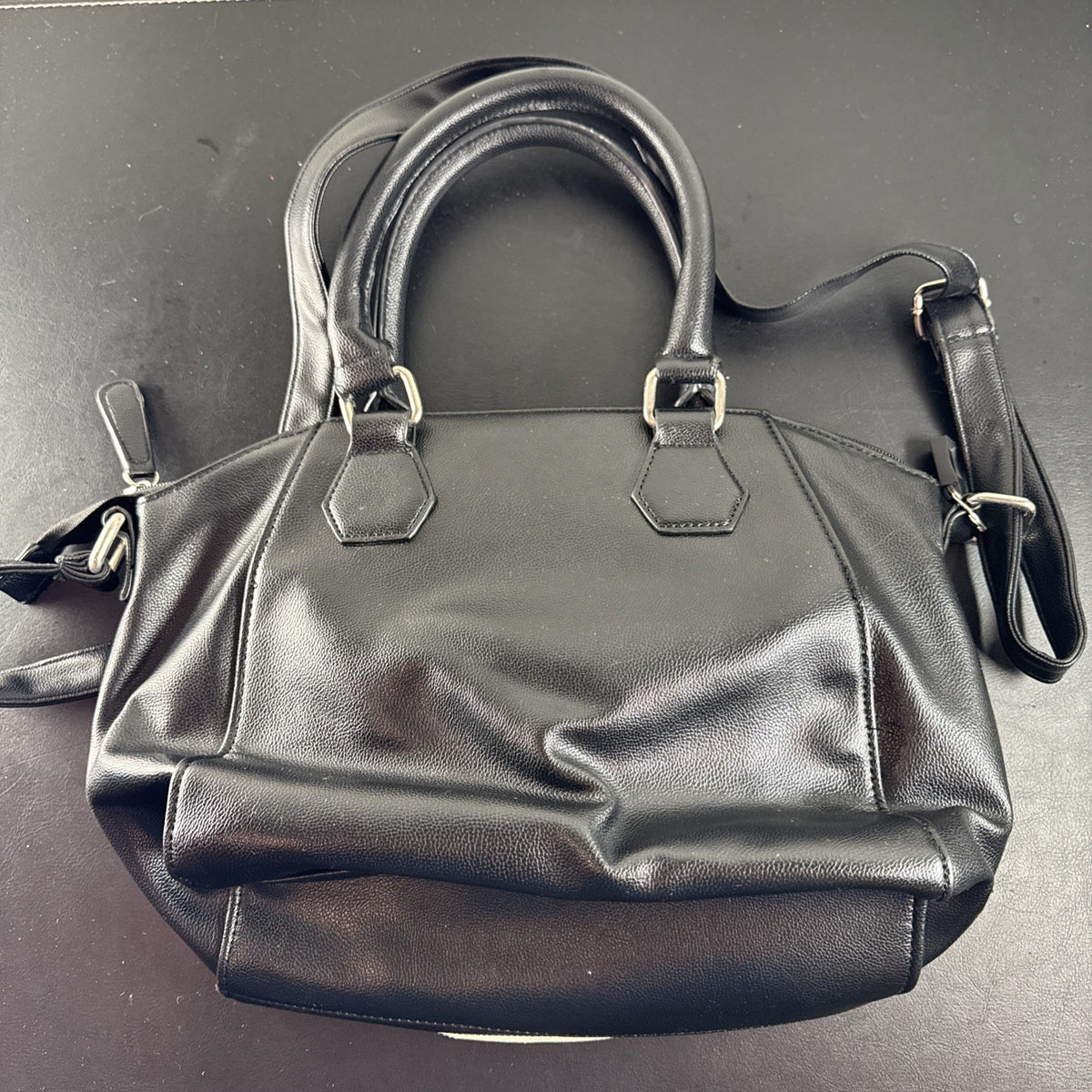 Hello Kitty black faux leather satchel bag with quilted character applique and silver logo charm