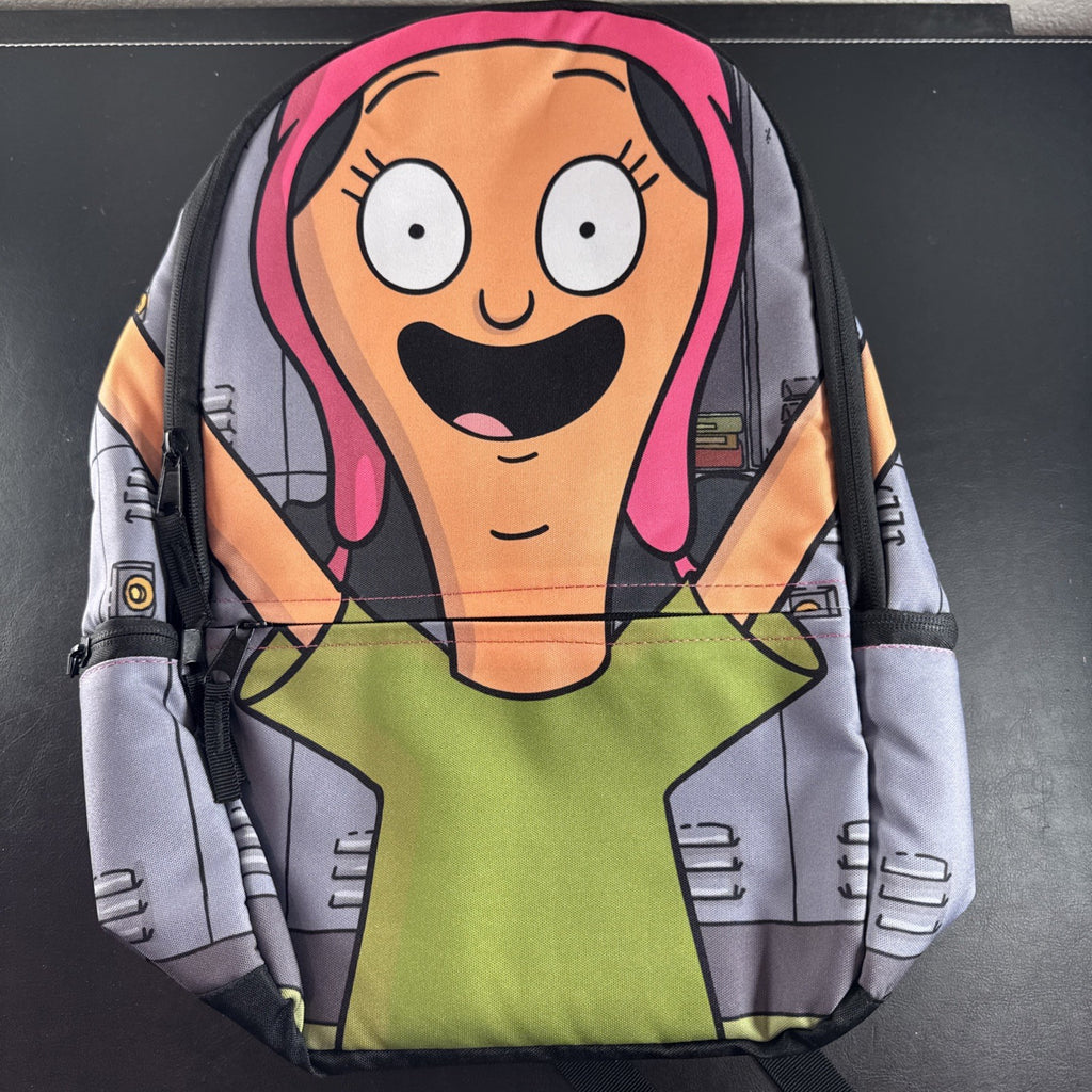 Bob's Burgers Louise Belcher backpack in pink and green featuring a graphic of Louise wearing bunny ears.