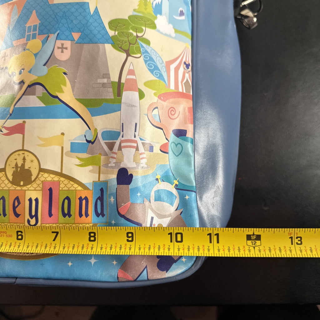 Disney 50th Anniversary retro map blue vinyl messenger bag featuring 1950s park graphics and Mickey ear charm.