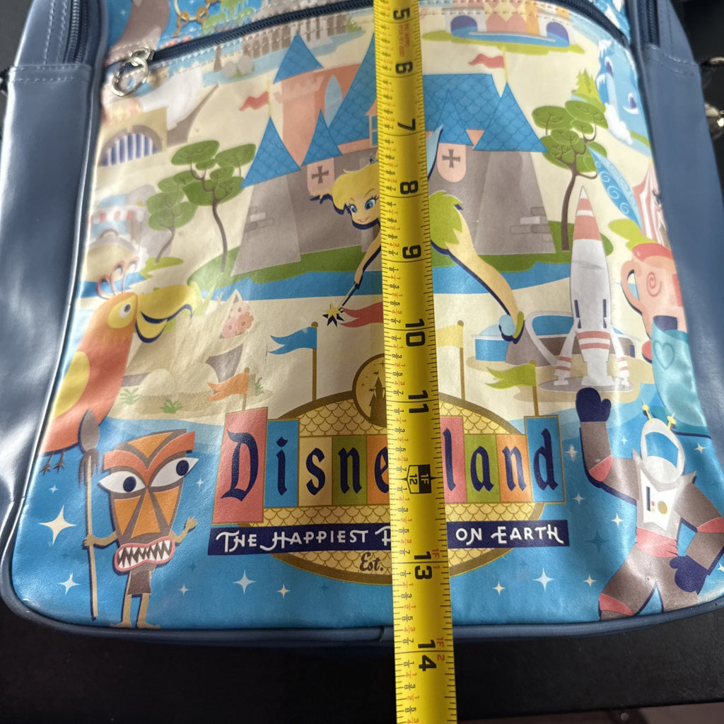 Disney 50th Anniversary retro map blue vinyl messenger bag featuring 1950s park graphics and Mickey ear charm.