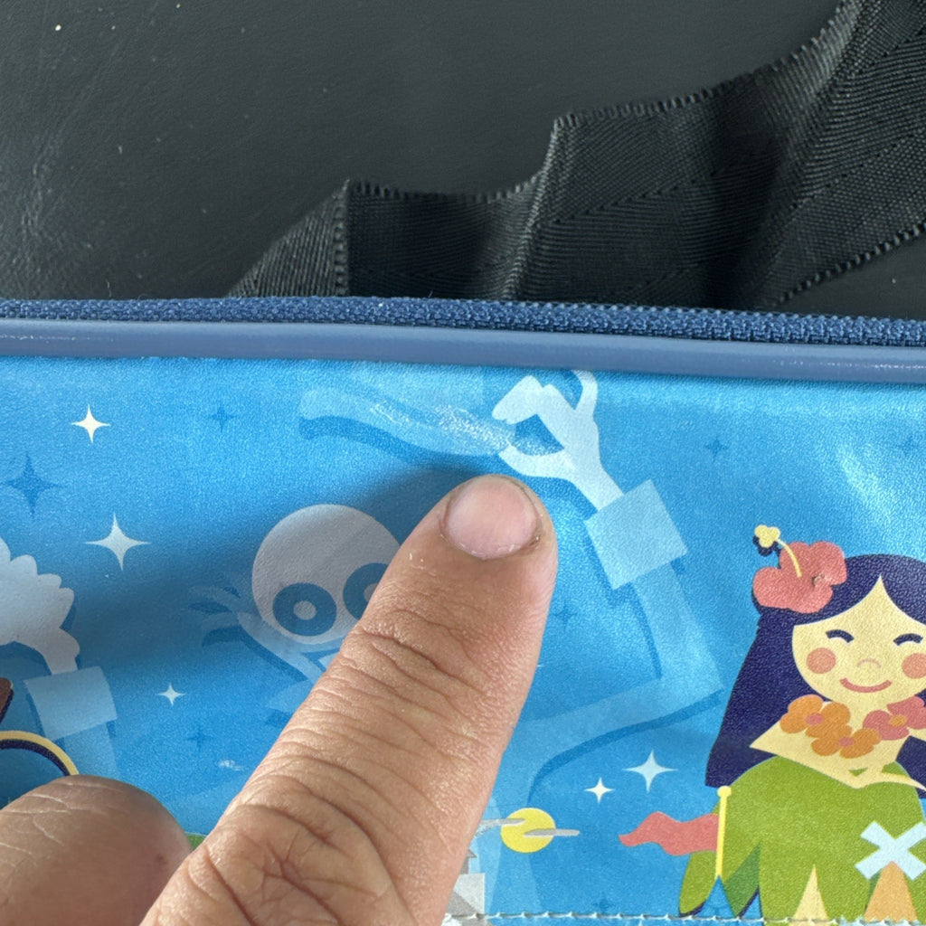 Disney 50th Anniversary retro map blue vinyl messenger bag featuring 1950s park graphics and Mickey ear charm.
