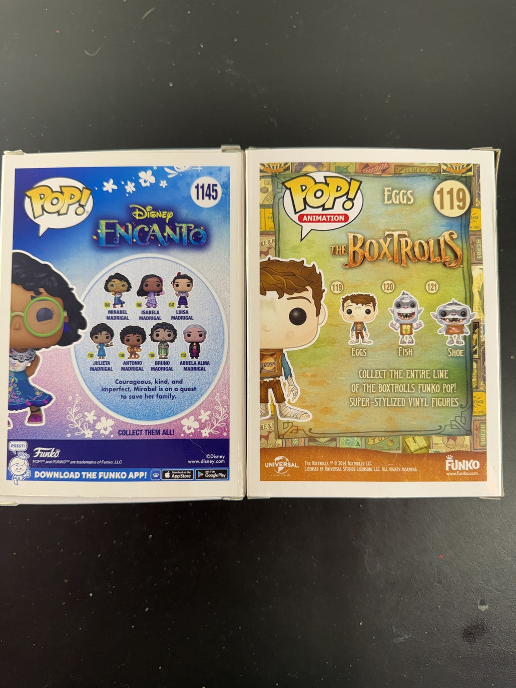 Funko Pop 2-pack set featuring Disney Encanto Mirabel #1145 and Laika The Boxtrolls Eggs #119 vinyl figures in boxes.