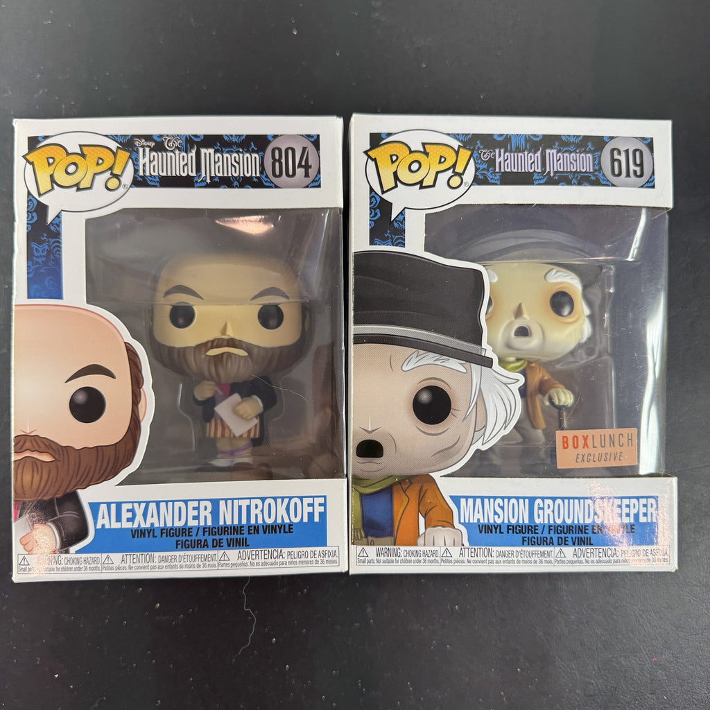 Funko Pop Disney The Haunted Mansion 2-figure set featuring Mansion Groundskeeper 619 and Alexander Nitrokoff 804 in boxes
