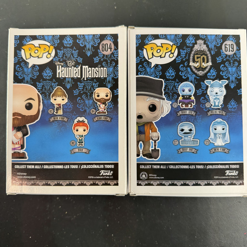 Funko Pop Disney The Haunted Mansion 2-figure set featuring Mansion Groundskeeper 619 and Alexander Nitrokoff 804 in boxes