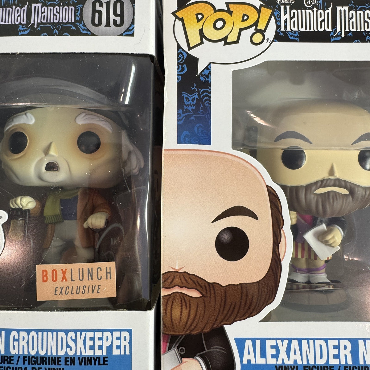 Funko Pop Disney The Haunted Mansion 2-figure set featuring Mansion Groundskeeper 619 and Alexander Nitrokoff 804 in boxes