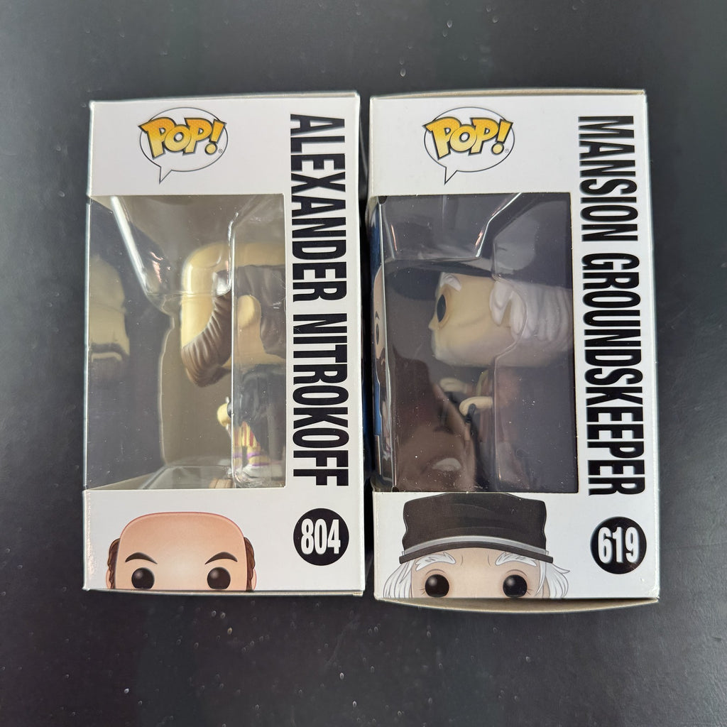 Funko Pop Disney The Haunted Mansion 2-figure set featuring Mansion Groundskeeper 619 and Alexander Nitrokoff 804 in boxes