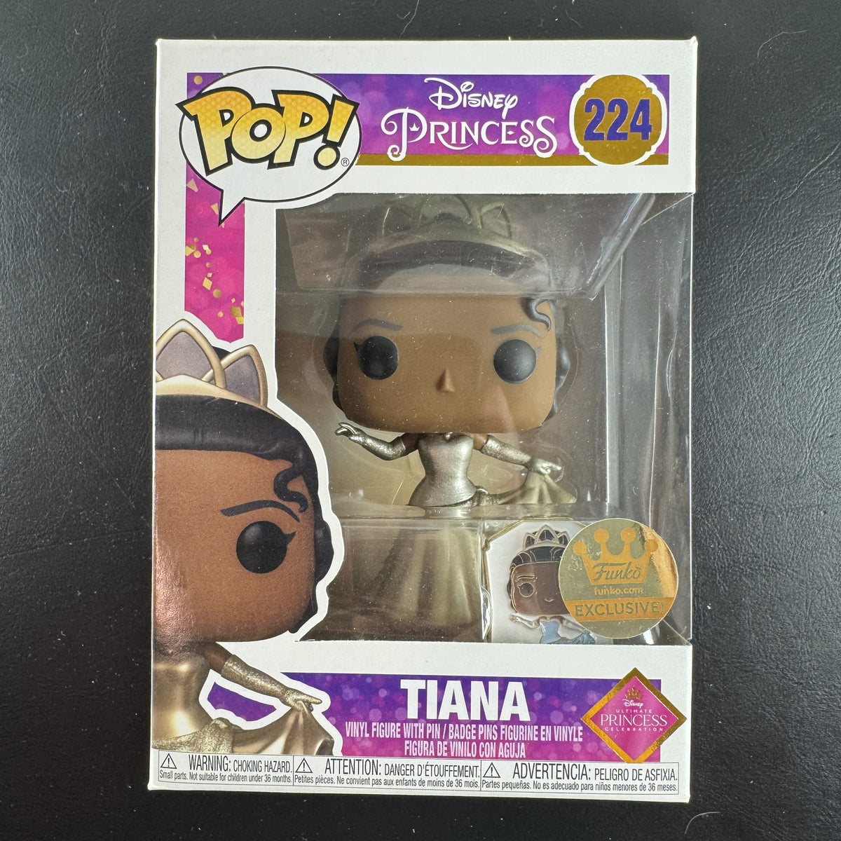Funko Pop Disney Princess Tiana #224 Ultimate Princess web exclusive vinyl figure with collectible pin in original box.