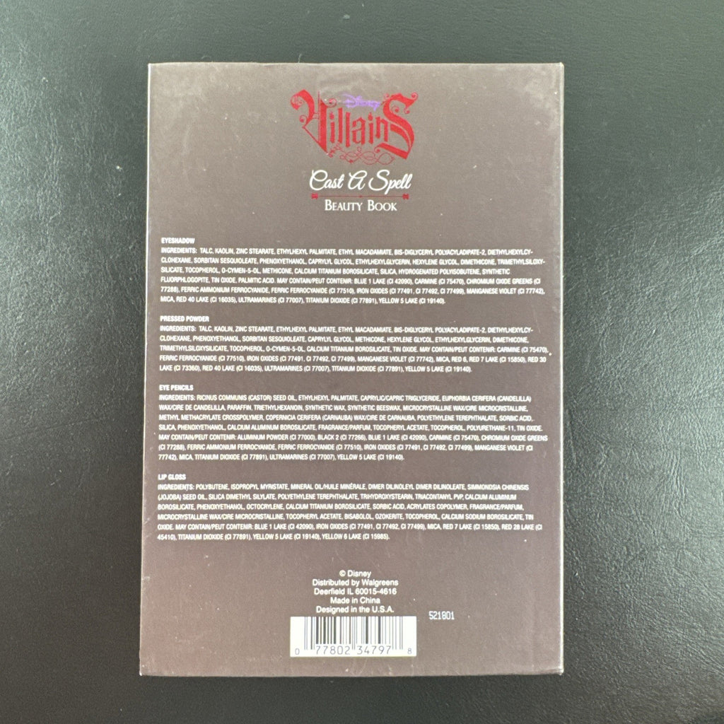 Wet n Wild Disney Villains Evil Queen Cast a Spell Beauty Book makeup set containing eye shadow, eyeliner, and lip gloss.
