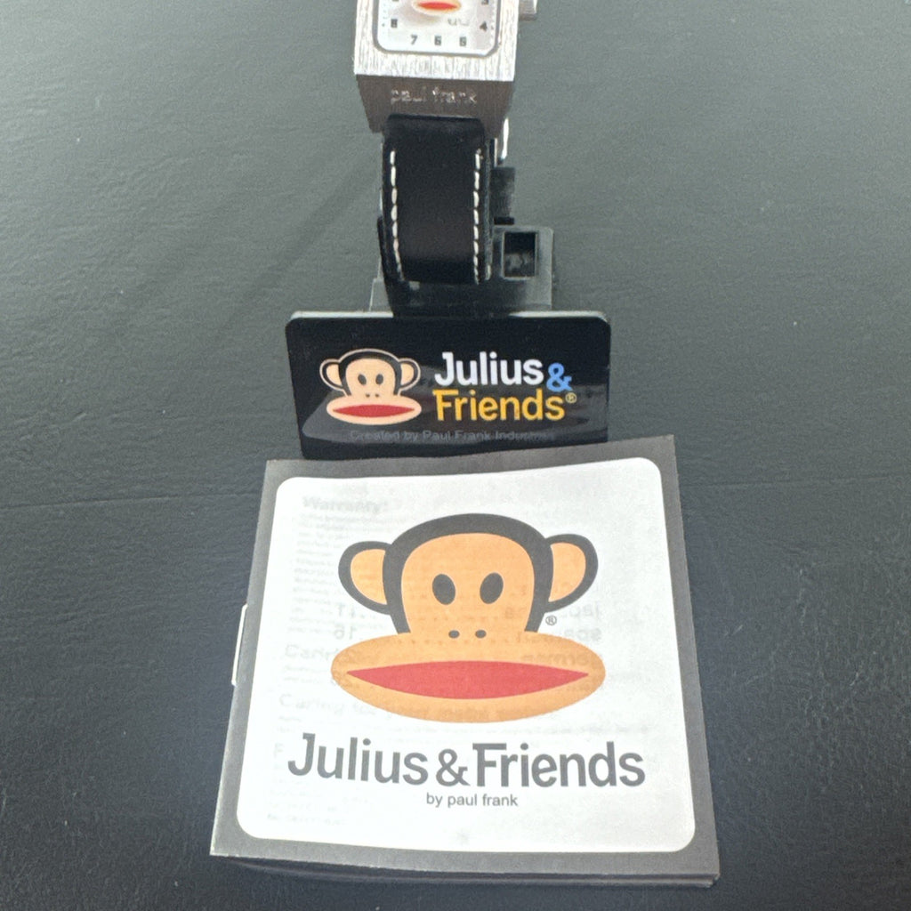 Paul Frank Julius square watch with black dial, stainless steel case, and black leather strap