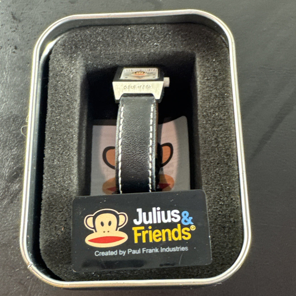 Paul Frank Julius square watch with black dial, stainless steel case, and black leather strap
