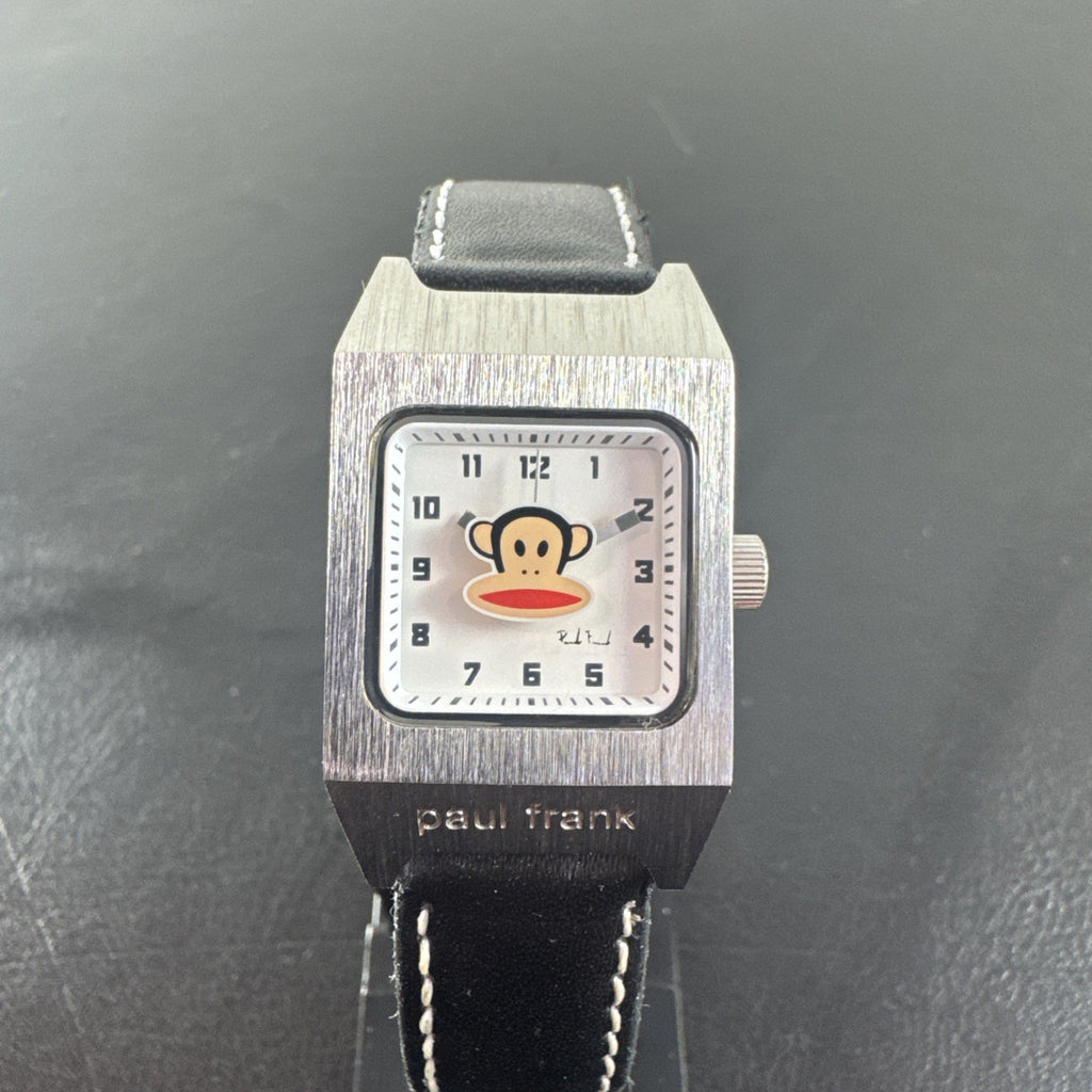 Paul Frank Julius square watch with black dial, stainless steel case, and black leather strap