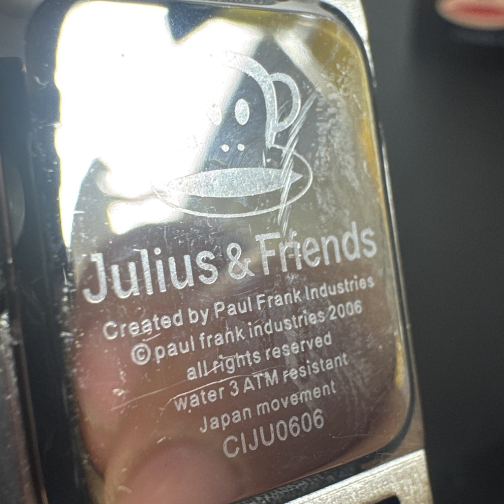 Paul Frank Julius square watch with black dial, stainless steel case, and black leather strap