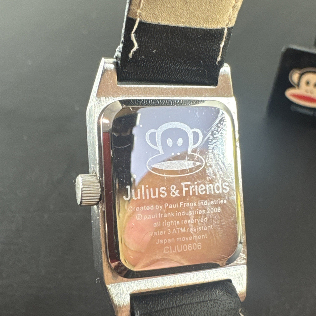 Paul Frank Julius square watch with black dial, stainless steel case, and black leather strap