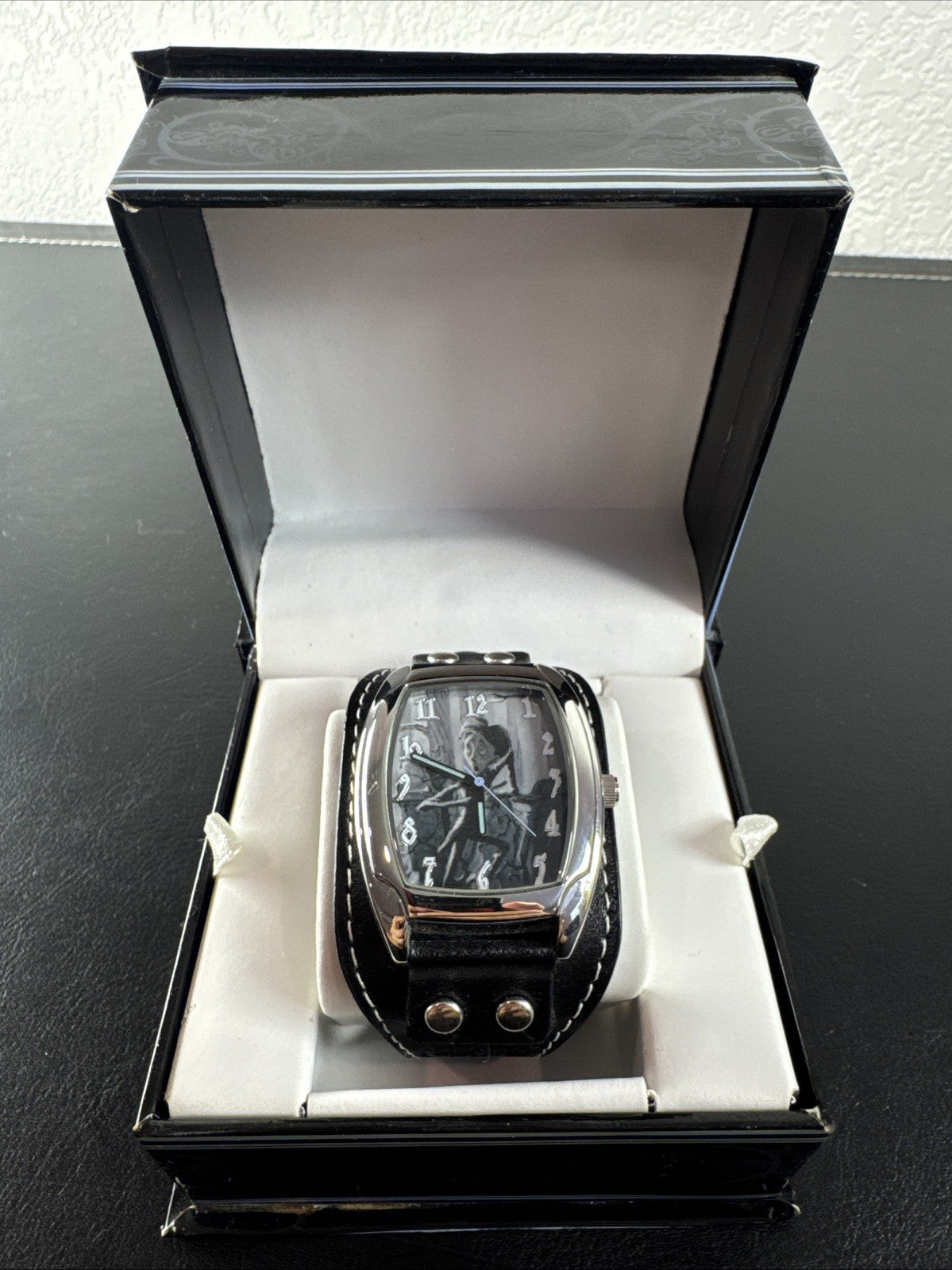 2005 M.Z. Berger Tim Burton Corpse Bride Victor watch on black riveted leather cuff band with original display box