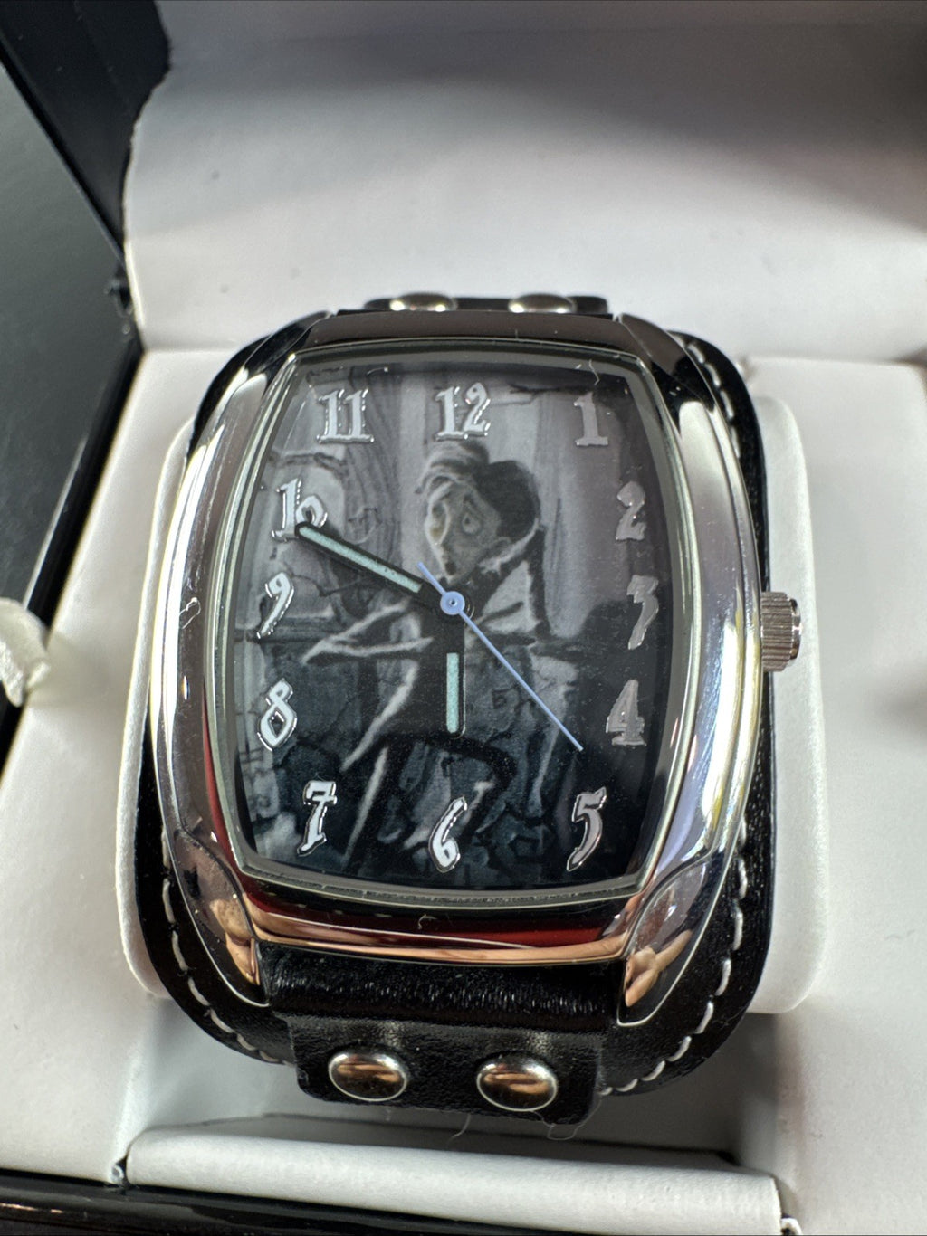 2005 M.Z. Berger Tim Burton Corpse Bride Victor watch on black riveted leather cuff band with original display box