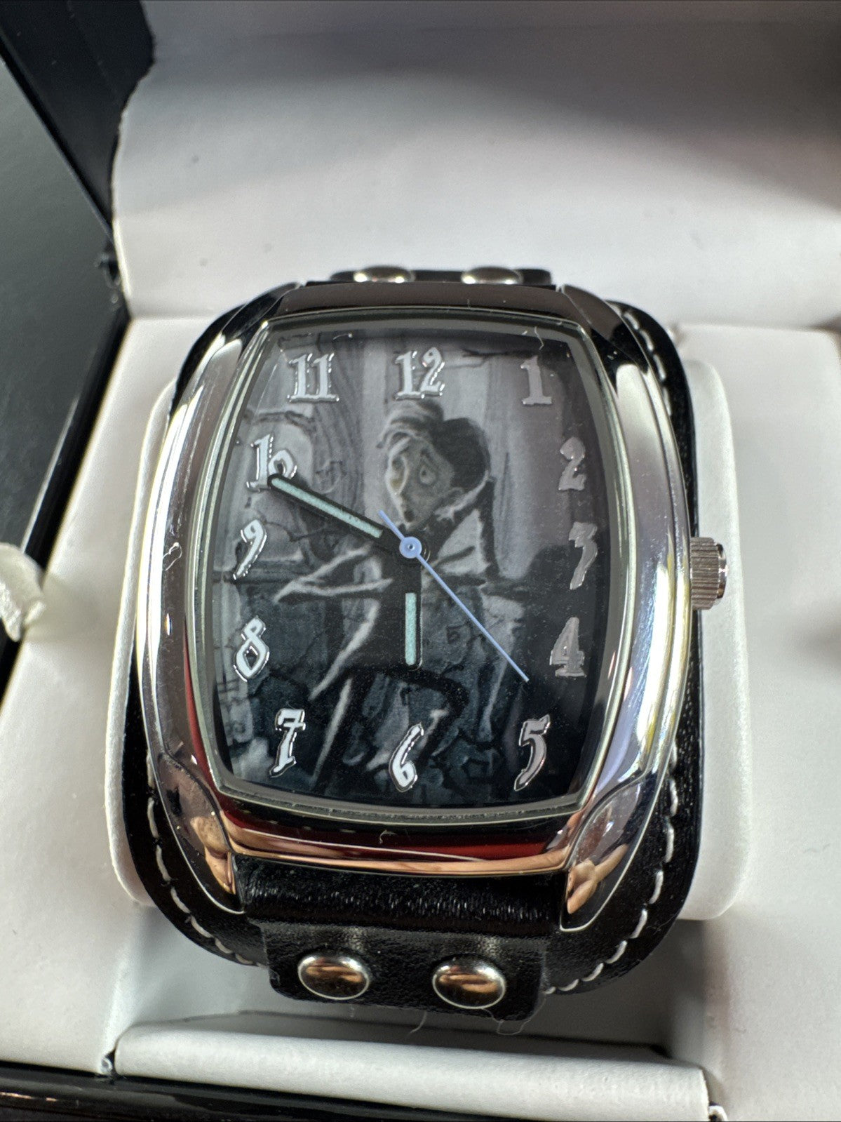 2005 M.Z. Berger Tim Burton Corpse Bride Victor watch on black riveted leather cuff band with original display box