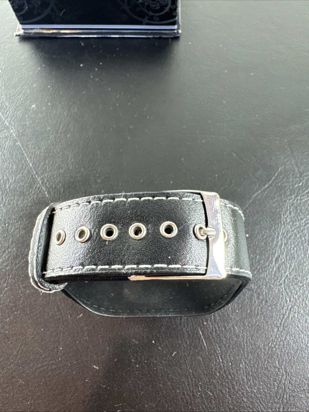 2005 M.Z. Berger Tim Burton Corpse Bride Victor watch on black riveted leather cuff band with original display box