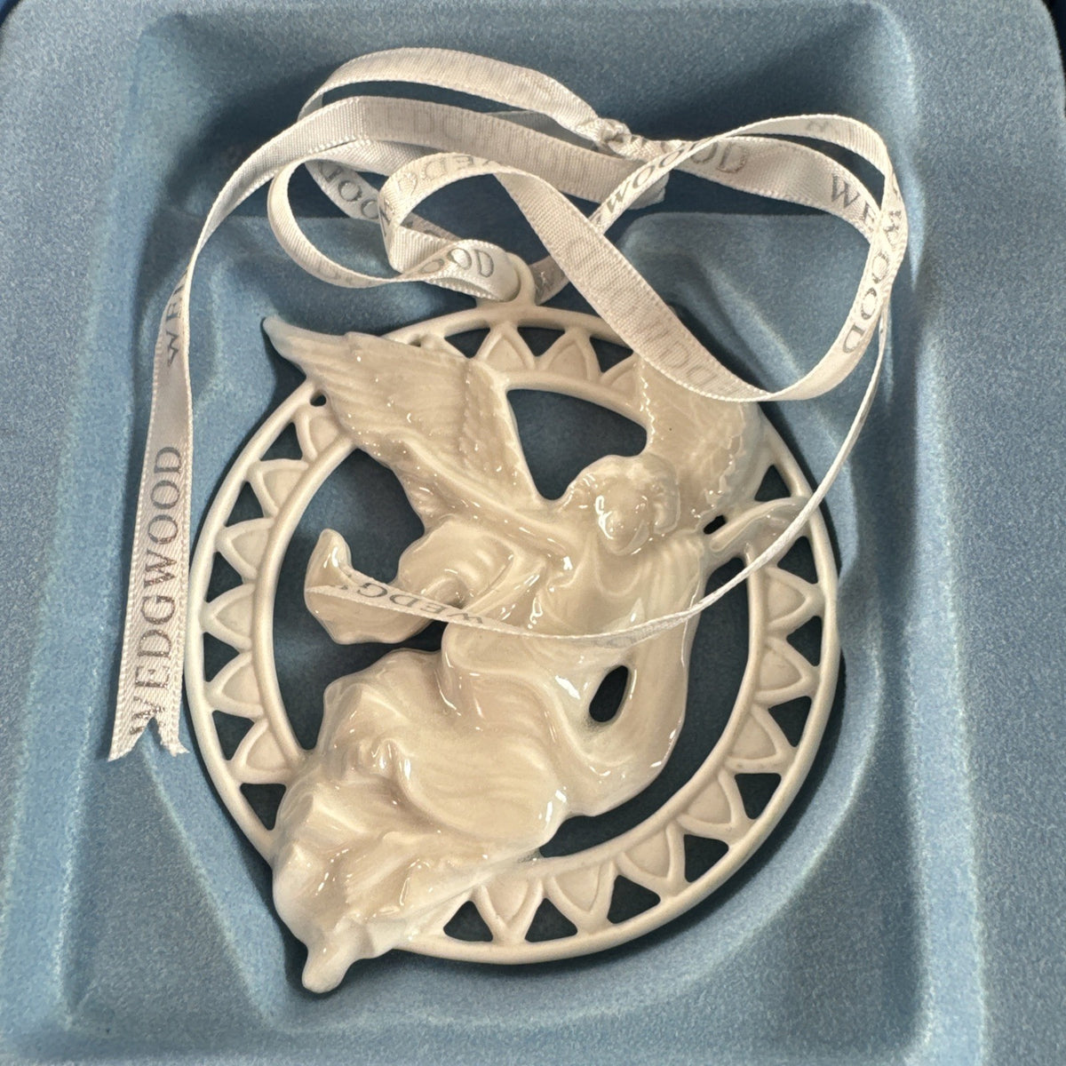Wedgwood white porcelain angel Christmas ornament in original blue presentation box with branded ribbon