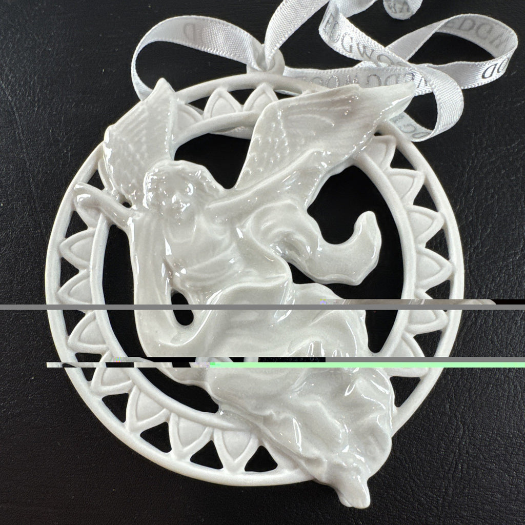 Wedgwood white porcelain angel Christmas ornament in original blue presentation box with branded ribbon