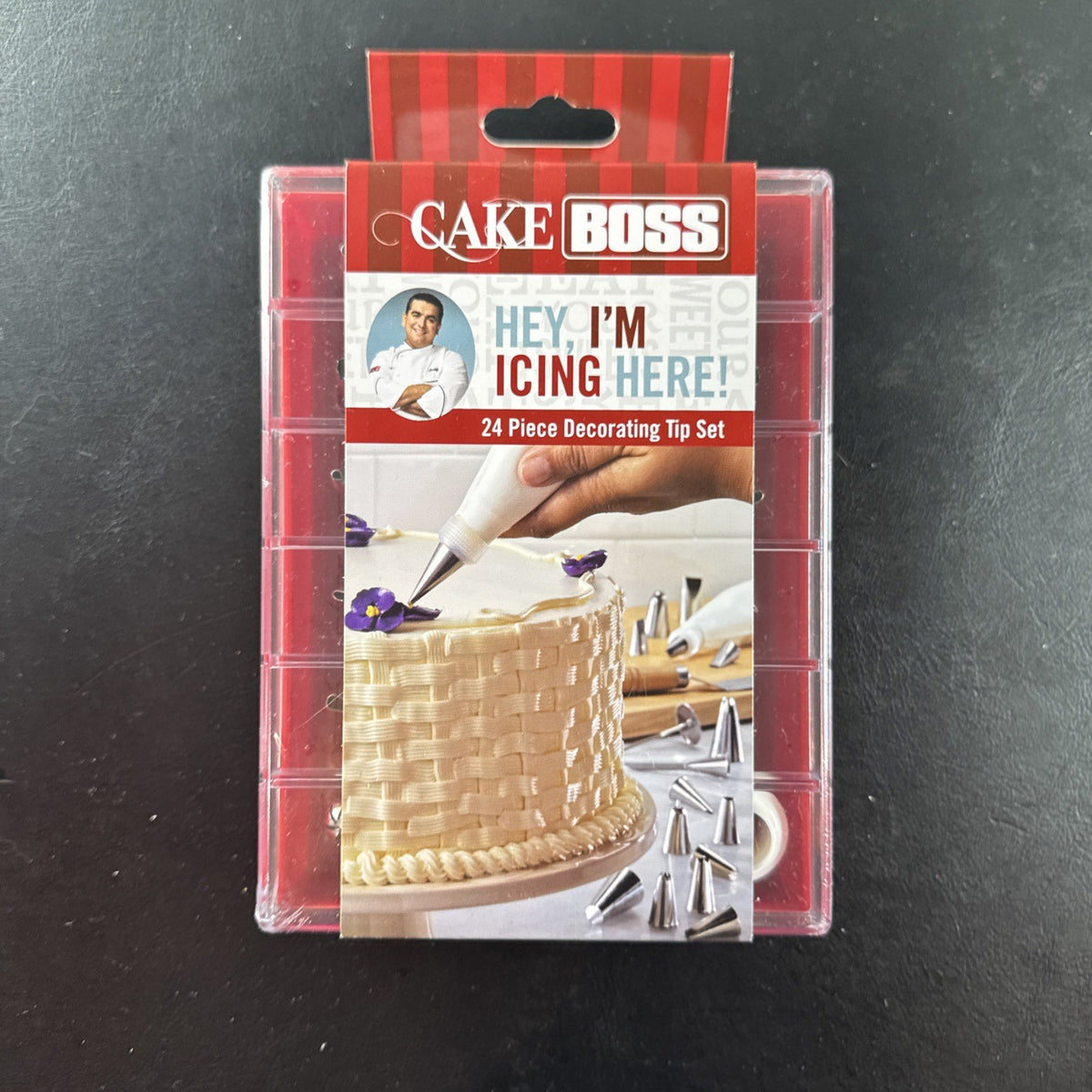 Cake Boss 24-piece stainless steel cake decorating tip set with plastic storage case, brand new.