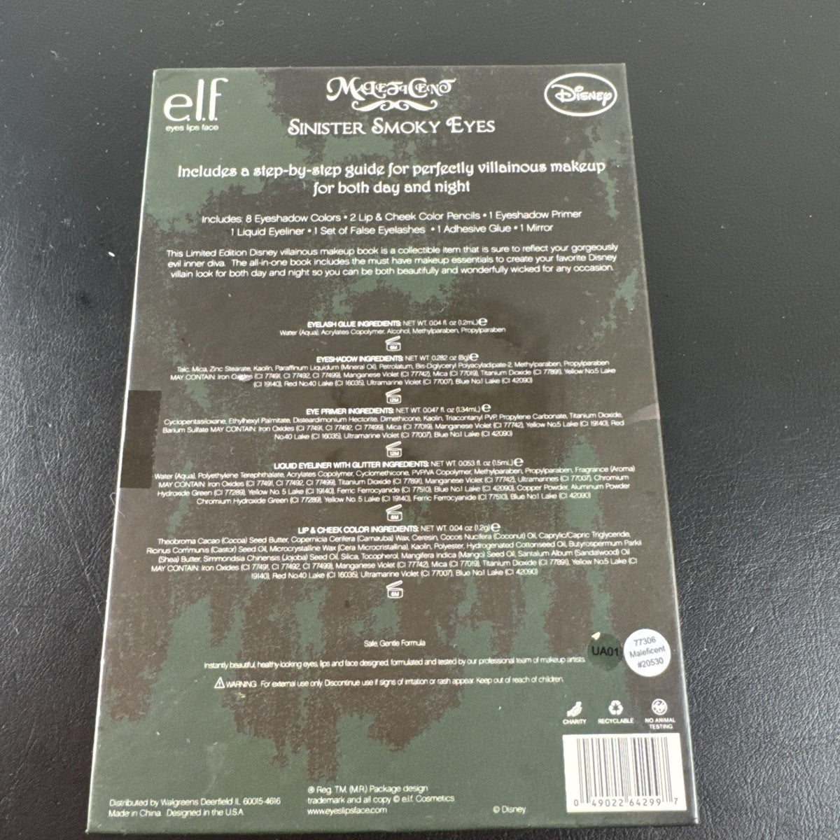 New e.l.f. Disney Maleficent Sinister Smoky Eyes Makeup Book containing eyeshadow, face powder, highlighter, and lip gloss