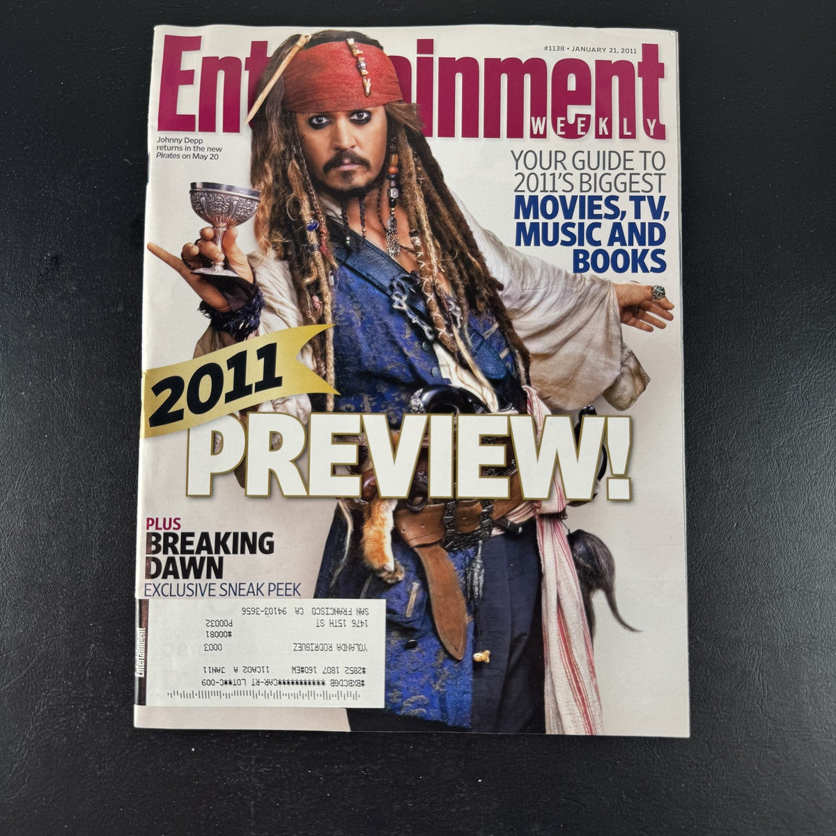 Cover of Entertainment Weekly issue #1138 from January 21 2011 featuring Johnny Depp as Captain Jack Sparrow.