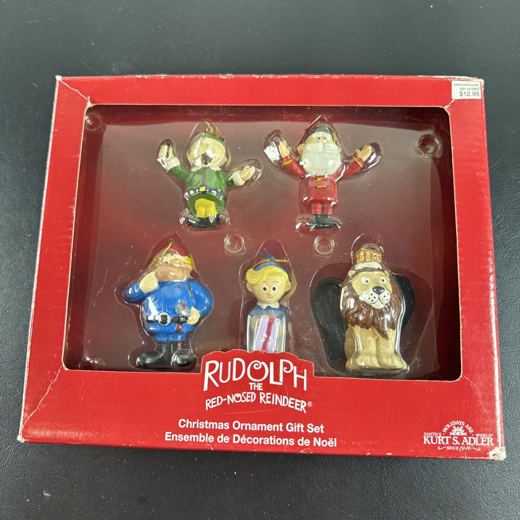 Kurt S. Adler handcrafted porcelain Rudolph the Red-Nosed Reindeer 5-piece Christmas ornament set