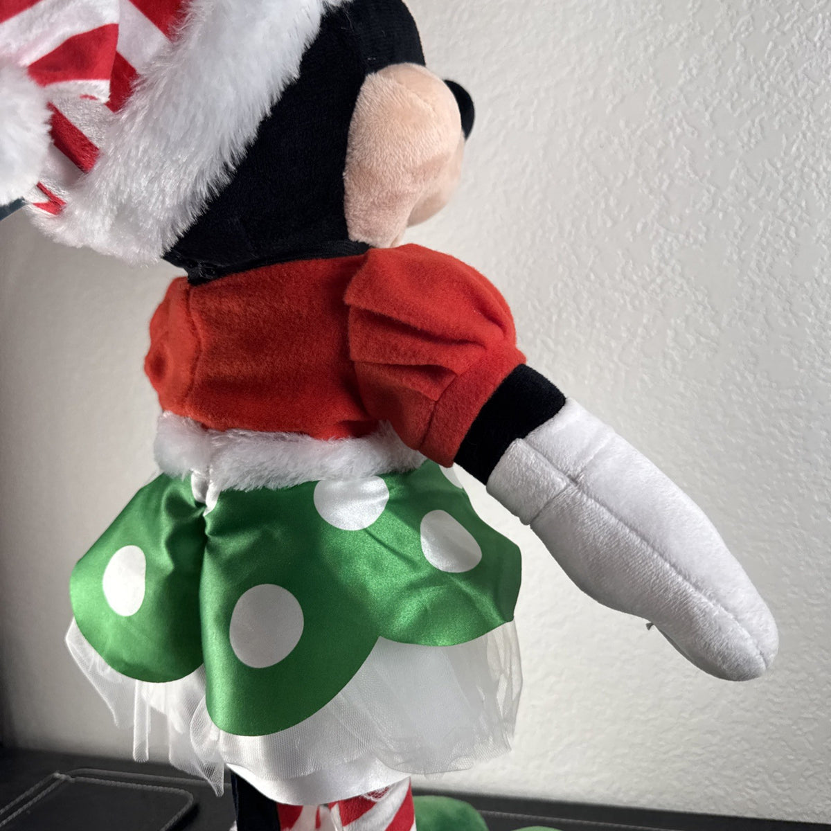 Disney 24-inch Minnie Mouse Christmas plush greeter dressed in a red and green elf costume