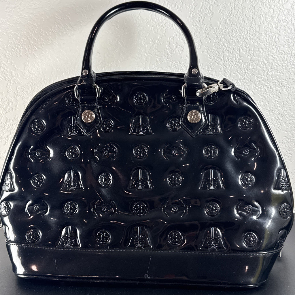 Loungefly Star Wars Darth Vader embossed black patent faux leather dome satchel bag showing logo plaque and double handles