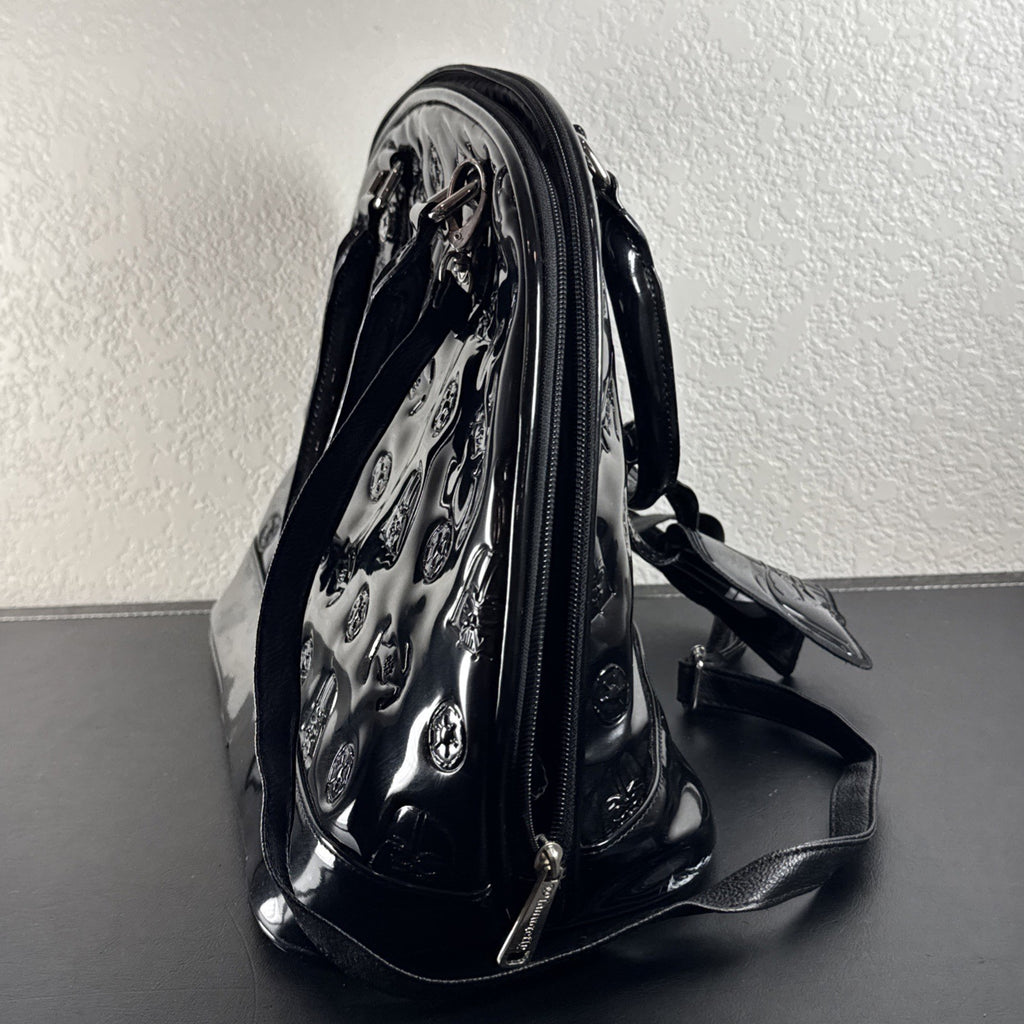 Loungefly Star Wars Darth Vader embossed black patent faux leather dome satchel bag showing logo plaque and double handles