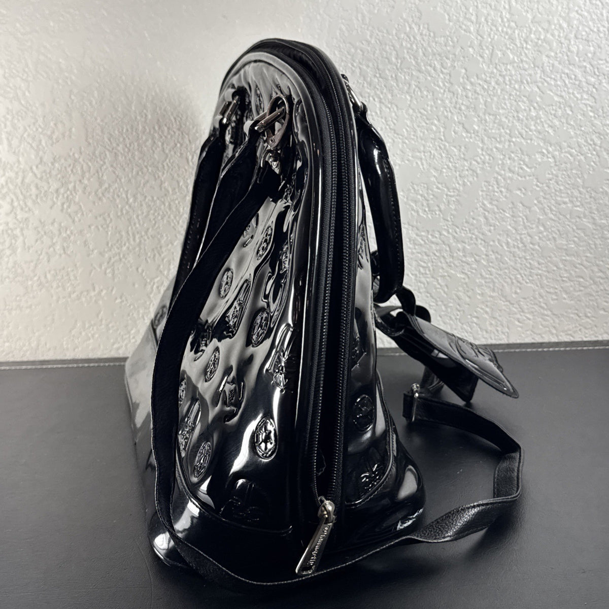 Loungefly Star Wars Darth Vader embossed black patent faux leather dome satchel bag showing logo plaque and double handles