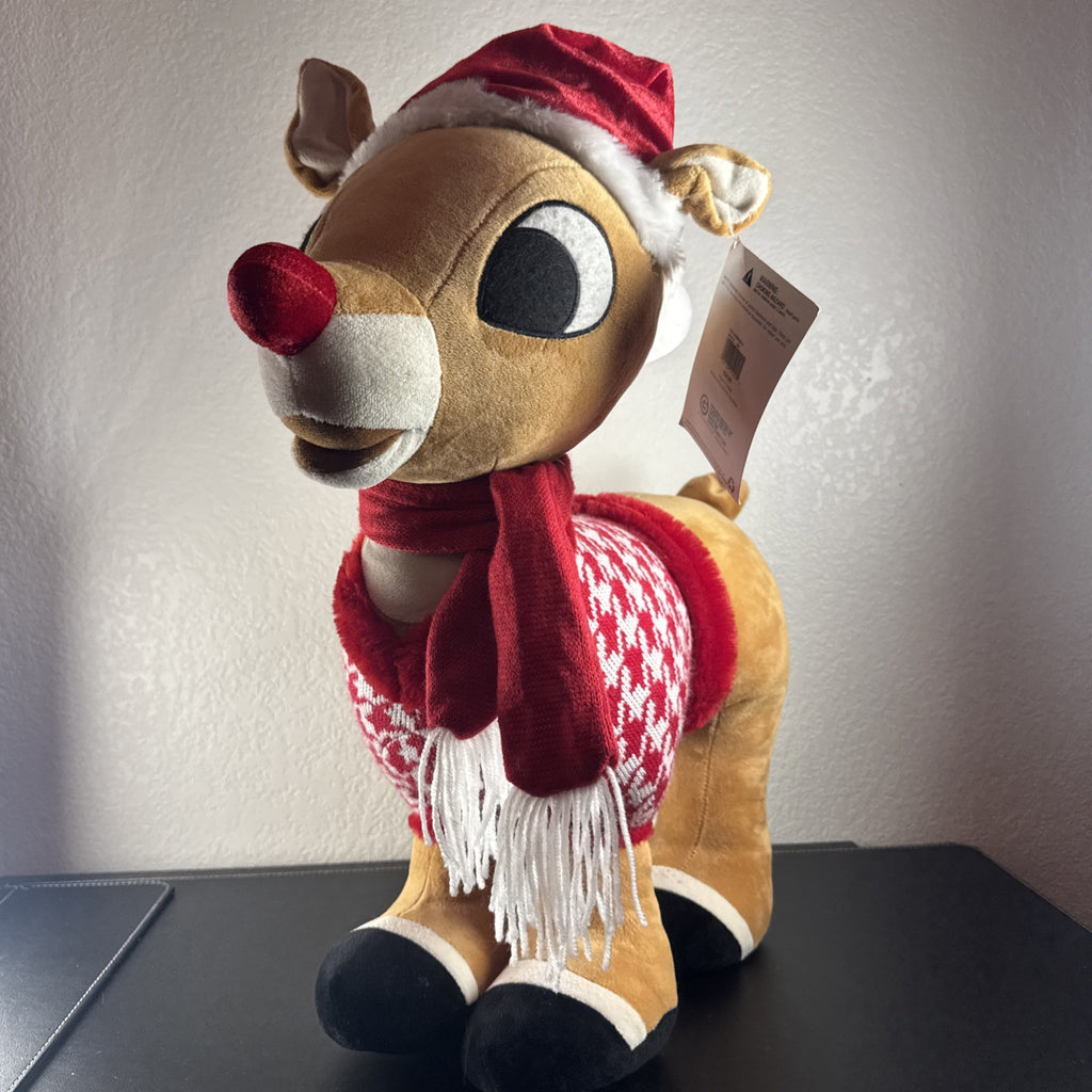 NWT 2016 Gemmy 22-inch Rudolph the Red-Nosed Reindeer standing plush door greeter wearing a houndstooth sweater.