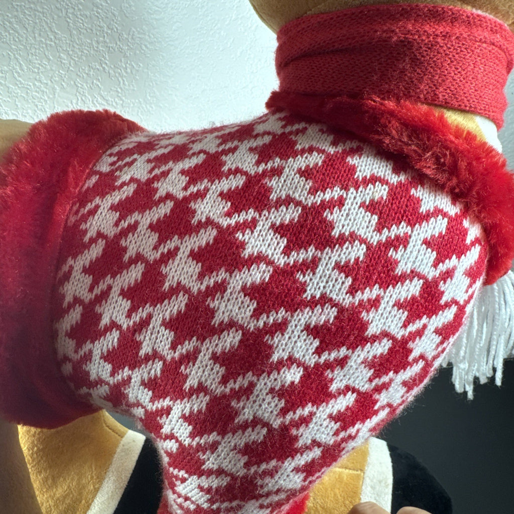NWT 2016 Gemmy 22-inch Rudolph the Red-Nosed Reindeer standing plush door greeter wearing a houndstooth sweater.