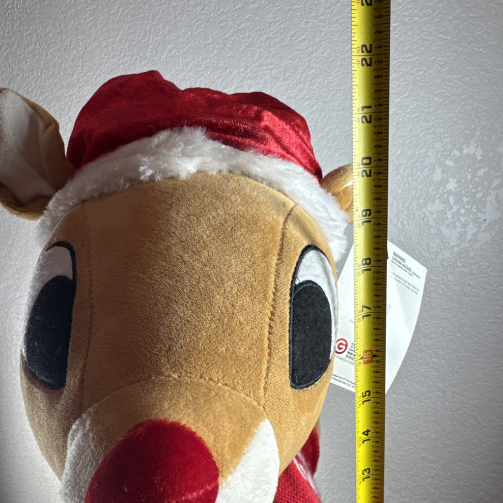 NWT 2016 Gemmy 22-inch Rudolph the Red-Nosed Reindeer standing plush door greeter wearing a houndstooth sweater.