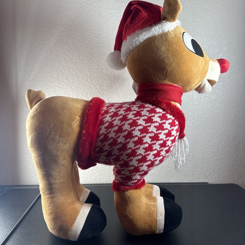 NWT 2016 Gemmy 22-inch Rudolph the Red-Nosed Reindeer standing plush door greeter wearing a houndstooth sweater.