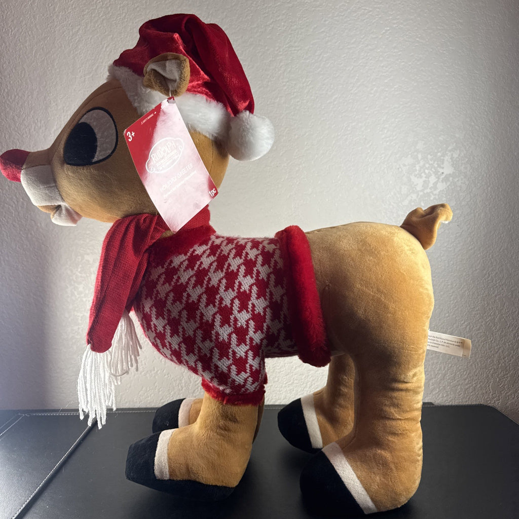 NWT 2016 Gemmy 22-inch Rudolph the Red-Nosed Reindeer standing plush door greeter wearing a houndstooth sweater.