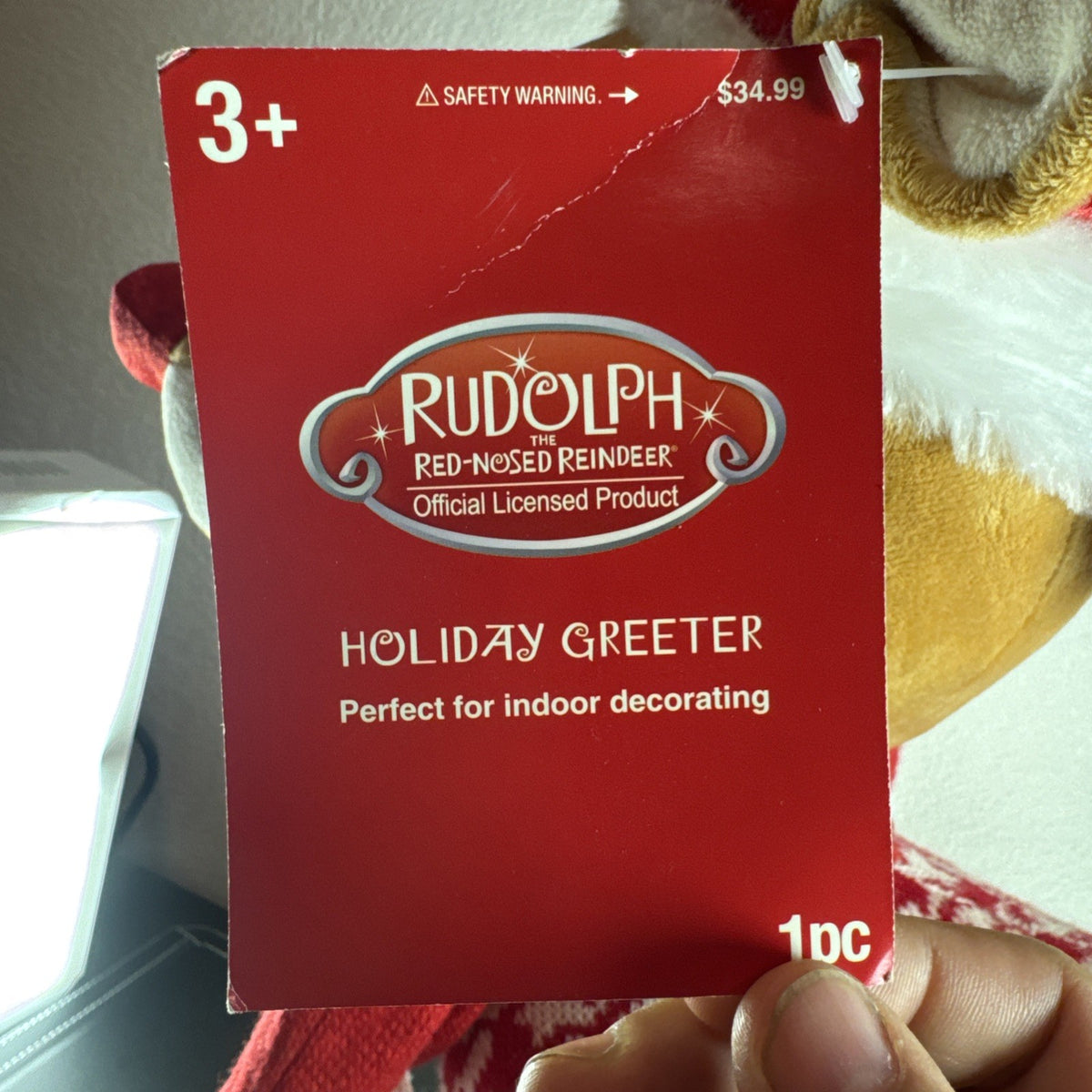 NWT 2016 Gemmy 22-inch Rudolph the Red-Nosed Reindeer standing plush door greeter wearing a houndstooth sweater.