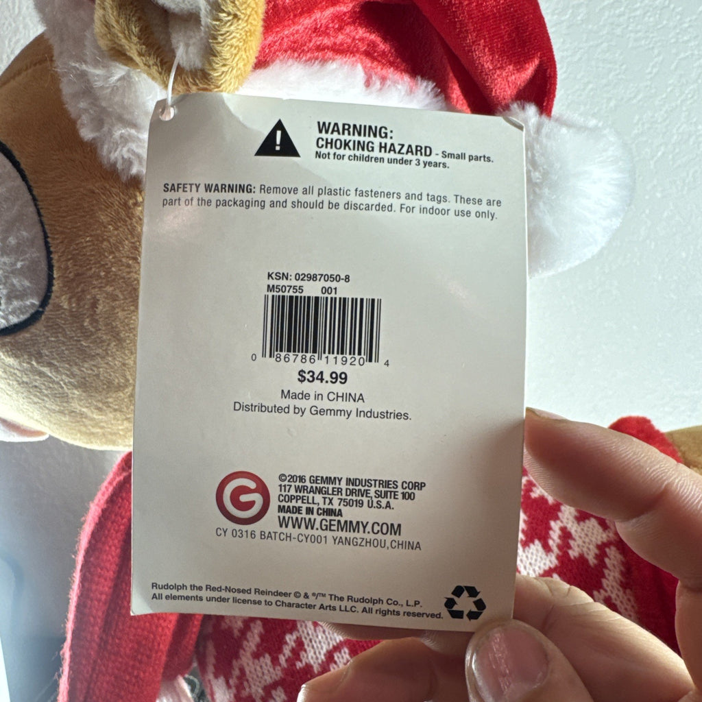 NWT 2016 Gemmy 22-inch Rudolph the Red-Nosed Reindeer standing plush door greeter wearing a houndstooth sweater.